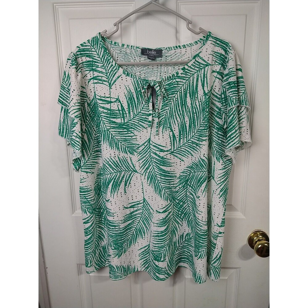 Belle By Belldini Blouse NWT Woman 2X Plus Rainforest V Tie Sheer Ruffle...